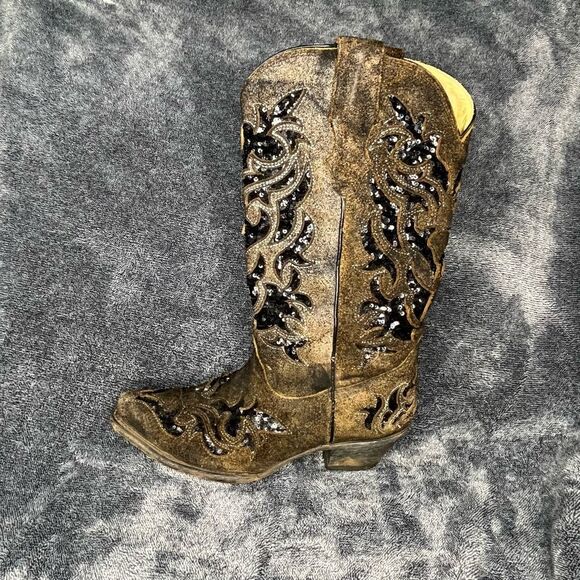 CORRAL BOOTS Brown Black Sequence Inlay Suede with Sequins Cowgirl Boots Size 7. - Picture 1 of 8